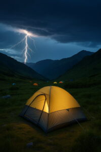 雷が山に落ちる夜、照らされたテント