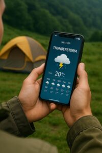雷雨予報をスマートフォンで確認するキャンパー