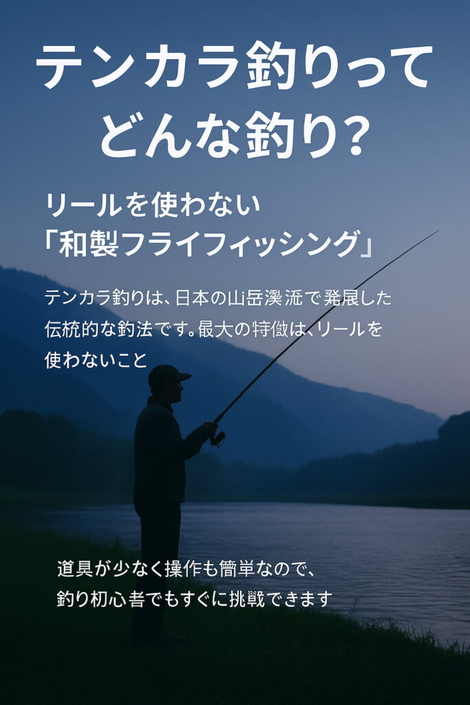 テンカラ釣りをする男性と「和製フライフィッシング」の文字
