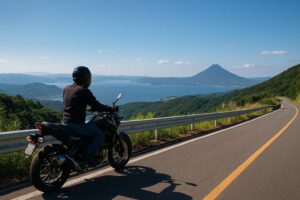 指宿スカイラインを走るライダーが錦江湾と開聞岳を望む絶景を見下ろしている風景