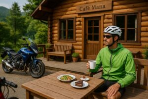 ログハウス風の霧島のカフェ前でスイーツとランチを楽しむライダーの様子