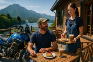 湖と山を背景に、バイクとスイーツを一緒に楽しむライダーとカフェの店員
