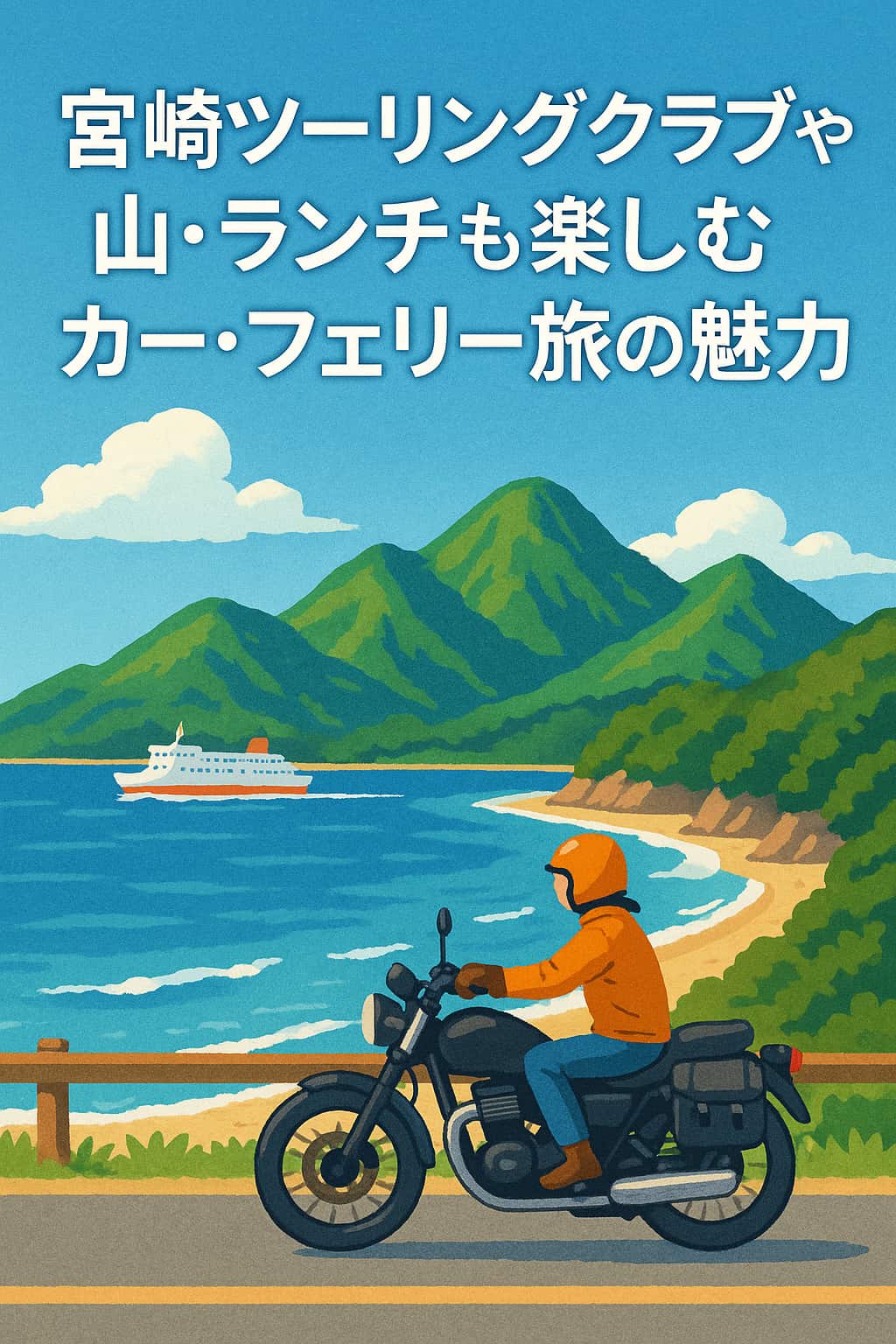 海沿いの道をバイクで走るライダーと、沖合に浮かぶフェリー、背景に宮崎の山並みが広がる旅情あふれるイラスト