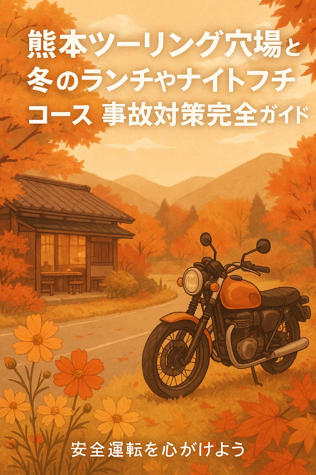 秋の熊本を舞台にしたレトロバイクと山あいの道沿いのカフェの風景イラスト