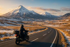 雪が残る山並みを背景に、夕陽を浴びながら冬の熊本を走るライダーのAIイメージ