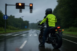 雨上がりの熊本県道で、安全装備を着用し赤信号で停止するライダーの姿