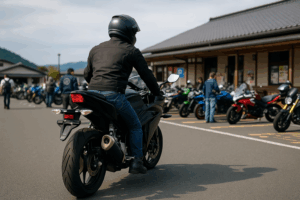 熊本のバイクの聖地で、多くのライダーが集まる道の駅の駐車場に集うツーリングバイクとライダーたちの風景（AIイメージ）