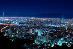 金峰山展望台から見下ろす、熊本市街の美しい夜景とバイク。