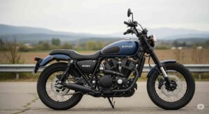 緑豊かな菊池渓谷沿いを、ゆっくりと安全にツーリングするバイクのイラスト。