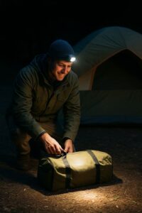 真っ暗なテント前で荷物を探していたキャンパーが、ヘッドライトの光で見つけて安心している様子。