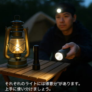 キャンプ道具として並べられたランタン、懐中電灯、ヘッドライトの3種のライト。