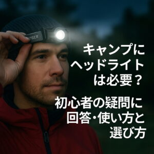 ヘッドライトをつけて、夜道を安全に歩くソロキャンパー。後ろ姿に達成感が漂う。