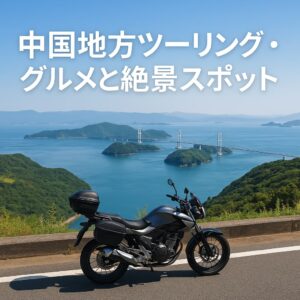 中国地方の瀬戸内海を望む道に停められたバイクと絶景の橋を背景にしたツーリング風景