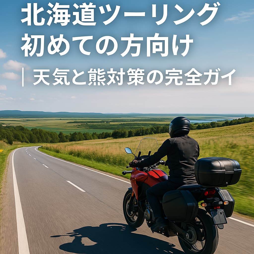 北海道の広大な景色を背景に、左側通行で走るライダーと「北海道ツーリング初めての方向け｜天気と熊対策の完全ガイド」の文字入り画像
