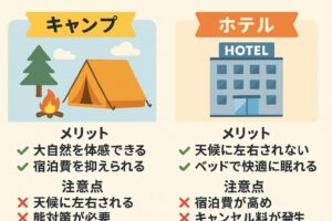 キャンプとホテル泊のメリット・注意点を比較するイラスト図解(北海道ツーリング向け)