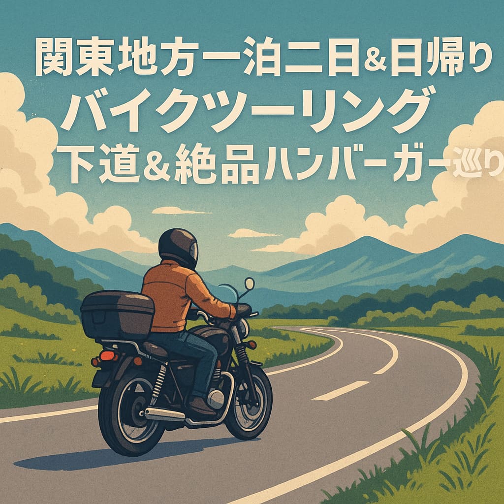 関東地方をバイクで走るライダーとツーリングタイトルが描かれた風景イラスト