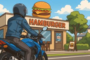 関東地方のご当地バーガーショップに到着したツーリングライダーのイラスト