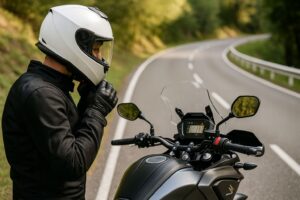 ワインディングロード手前でヘルメットを装着するライダーと安全装備を整えたバイクの写真