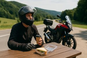 休憩スポットでコーヒーとサンドイッチを手に小休止するツーリング中のライダー
