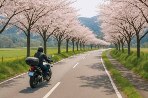 春の桜並木を走るライダーと田園風景が広がる日本の地方道