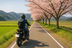 桜並木の農道を走るライダーが春の日本の風景を満喫するシーン