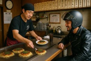 岡山・広島の食堂でライダーがご当地お好み焼きを楽しむ様子