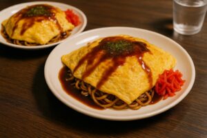 関西の人気B級グルメ・オムそばが皿に盛られ、紅しょうがと共に提供されている様子