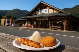 西日本の道の駅「にしのみや」で提供される焼き鳥・おにぎり・コロッケの地元グルメセット