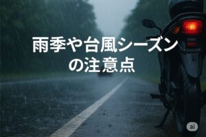 雨の中で赤く光るテールランプのバイクと濡れた道路、雨季・台風時の走行リスクを示す構図