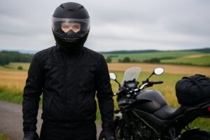 フル装備のライダーが田園風景の中に立つ、黒いバイクと共に安全装備を紹介する構図