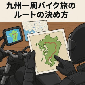 九州地図とGPSを見ながらルートを決めるライダーの手元イラスト