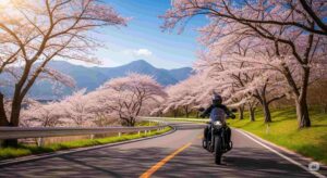 バイクとともに広がる道と空、長距離移動の旅程をイメージさせる写真