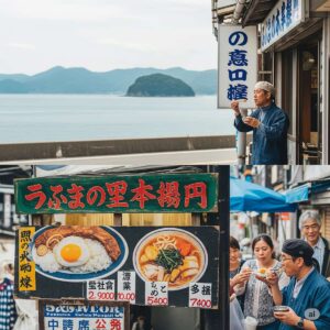 岡山県の瀬戸内海沿いを走るルートと、地元のB級グルメ(デミカツ丼やえびめしなど)を楽しむ様子。