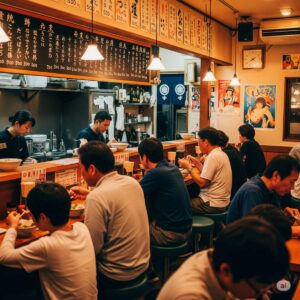 中国地方の地元民に愛される、昔ながらの食堂の賑わいと温かい雰囲気。