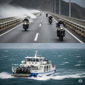 中国地方の様々なツーリングスポット(海沿いの道、ワインディングロード、グルメスポットなど)をコラージュした画像。