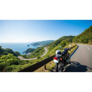 日南フェニックスロードの景色。バイクが停まっています。