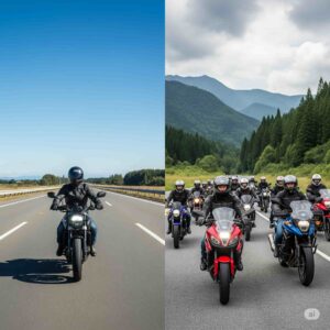 ソロツーリングとグループツーリング、それぞれのバイクの楽しみ方を表現した画像。