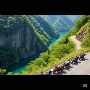 高千穂峡の景色と、その景色を楽しむバイク。