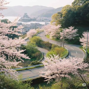 春の中国地方、桜と新緑に包まれた道を行くバイク。備中松山城や鞆の浦のような城下町の風情が感じられる風景。