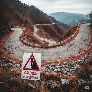 中国地方の初心者向けに、急カーブや狭い林道、落ち葉や落石がある危険な峠道を示唆する画像。