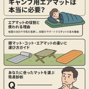 キャンプ用エアマットの必要性について解説する日本語インフォグラフィック。マットに寝る人、銀マット・コット・エアマットのイラスト付き。