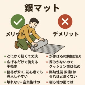 キャンプ用銀マットのメリットとデメリットを図解で示した日本語インフォグラフィック。マットを広げる人物と項目ごとの説明付き。