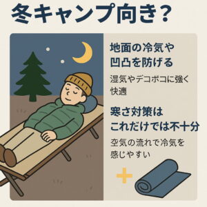 冬のキャンプでコットに寝る人物と、コットの断熱性や寒さ対策に関する日本語説明が描かれたイラスト。