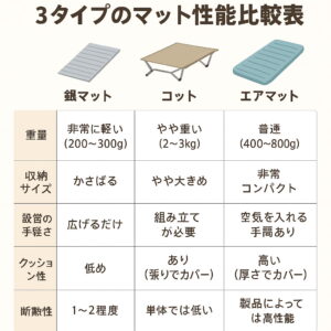 銀マット、コット、エアマットの3タイプを重さ・収納サイズ・設営の手軽さ・クッション性・断熱性で比較した日本語表付きイラスト。