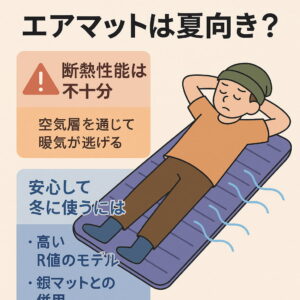 エアマットの断熱性の注意点を示した日本語インフォグラフィック。空気層による保温の弱さと、冬に使うための対策が記載されている。
