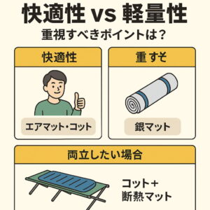 快適性と軽量性を比較した日本語インフォグラフィック。エアマット・コット・銀マット・コット+断熱マットの選択肢を図で解説。