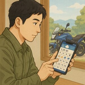 スマホでツーリング前の天気予報を確認する日本人男性とバイク