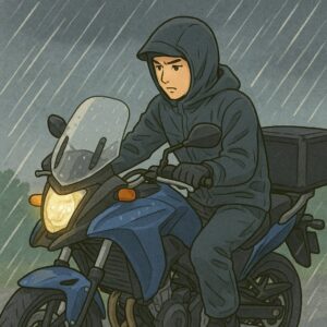 雨の中をレインウェアで走行する日本人ライダー
