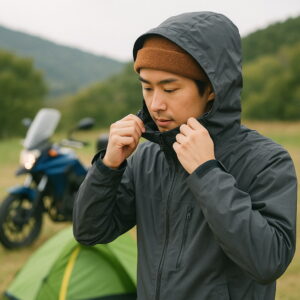 キャンプ場でレインジャケットを着る日本人男性ライダー