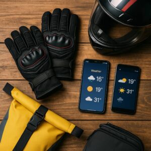 バイク用グローブとスマホの天気アプリ、防水バッグなどの装備一式